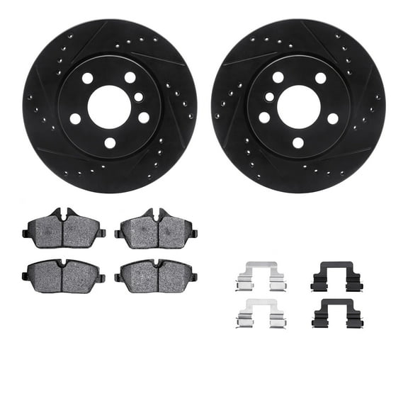Dynamic Friction Company Front Brake Rotors-Drilled and Slotted-Black with 5000 Euro Ceramic Brake Pads includes Hardware 8612-32016