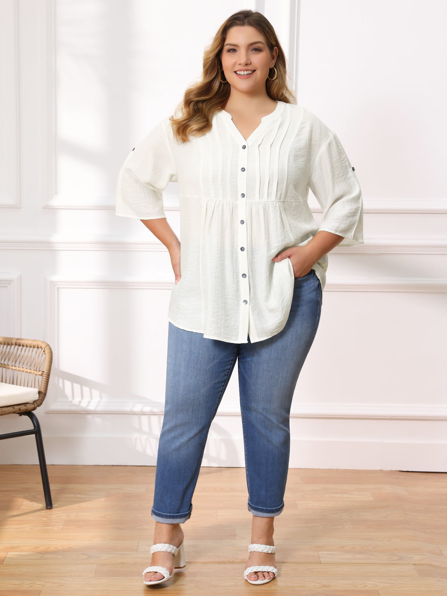 DARING DIVA Women's Plus Notch V Neck 3/4 Sleeve Pleated Textured Dressy Button Shirts 4X White