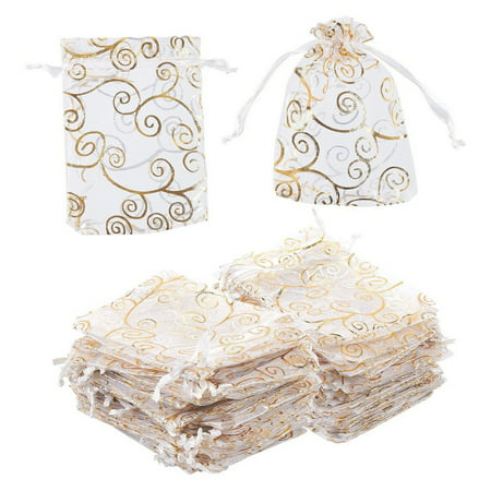 Organza Bags - 120-Count Satin Drawstring Organza Pouches with Gold Swirl Design, Mesh Favor Bags for Baby Showers, Wedding Gifts, Special Occasions, Party Favors, 3.5 x 4.75 Inches