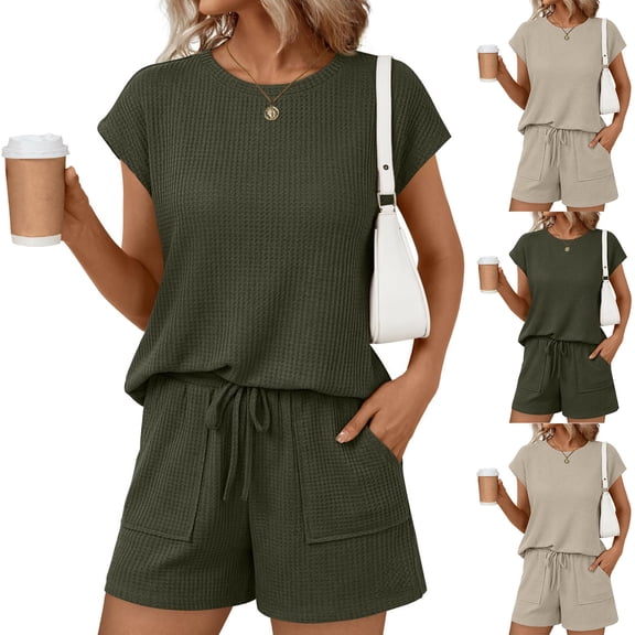 Lumtrix 2 Piece Sets for Women Summer Outfits Waffle Lounge Sets Crew Neck Short Sets Sleeve Drawstring Sweatsuit with Pocket Green M