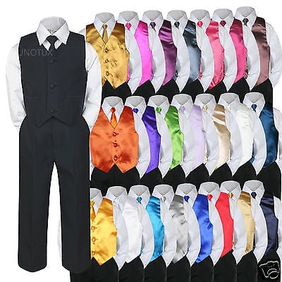 

6pc Formal Baby Boy Toddler Black Vest Necktie Suit w/ Extra Color Vest Set S-7