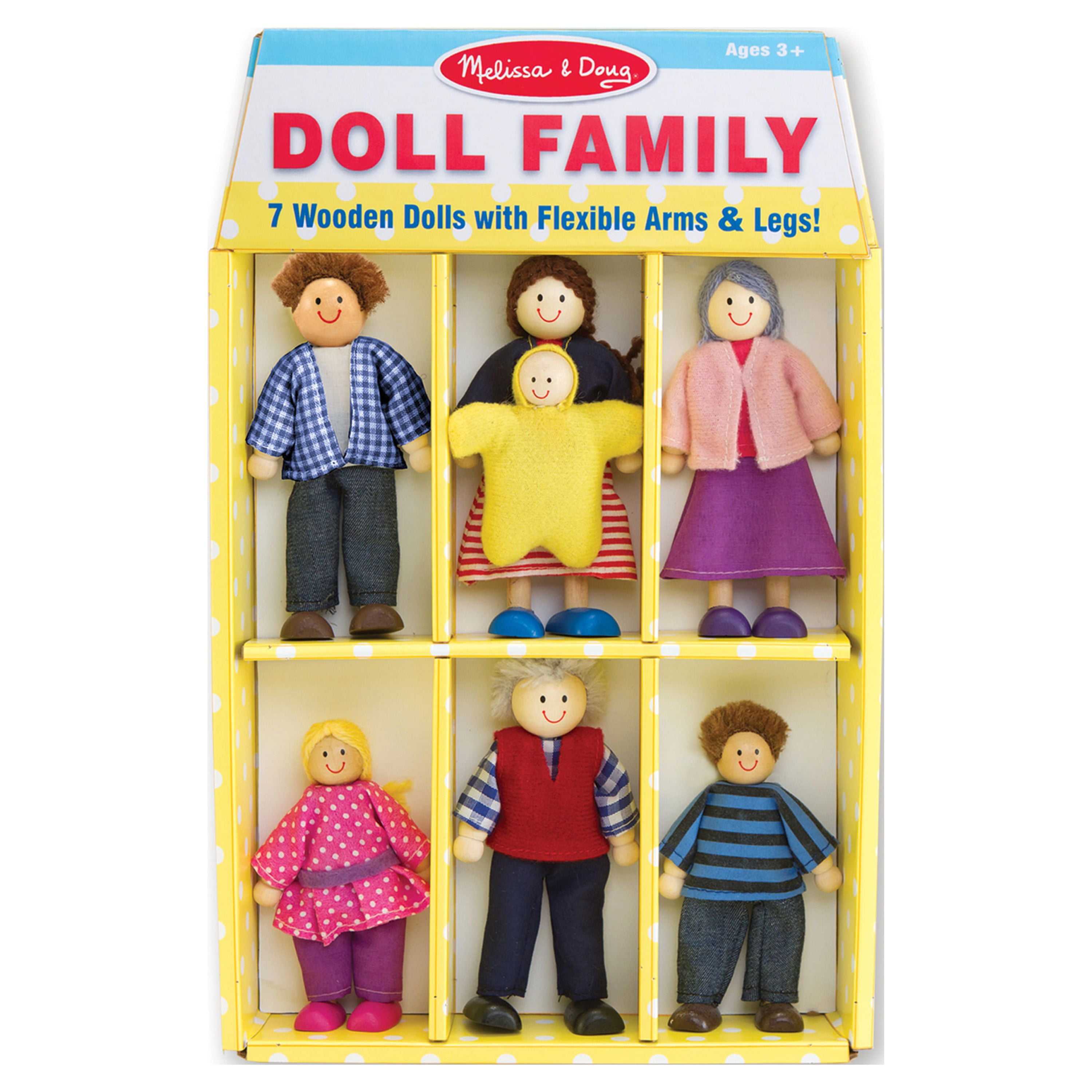 Melissa & Doug 7-Piece Poseable Wooden Doll Family for Dollhouse (2-4  inches each)