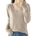 thumbnail image 4 of Womens Knit Tops V Neck Long Sleeve Fall Casual Loose Solid Color Thin Shirts Fashion 2026 Basic Lounge Blouses (Khaki XL), 4 of 5