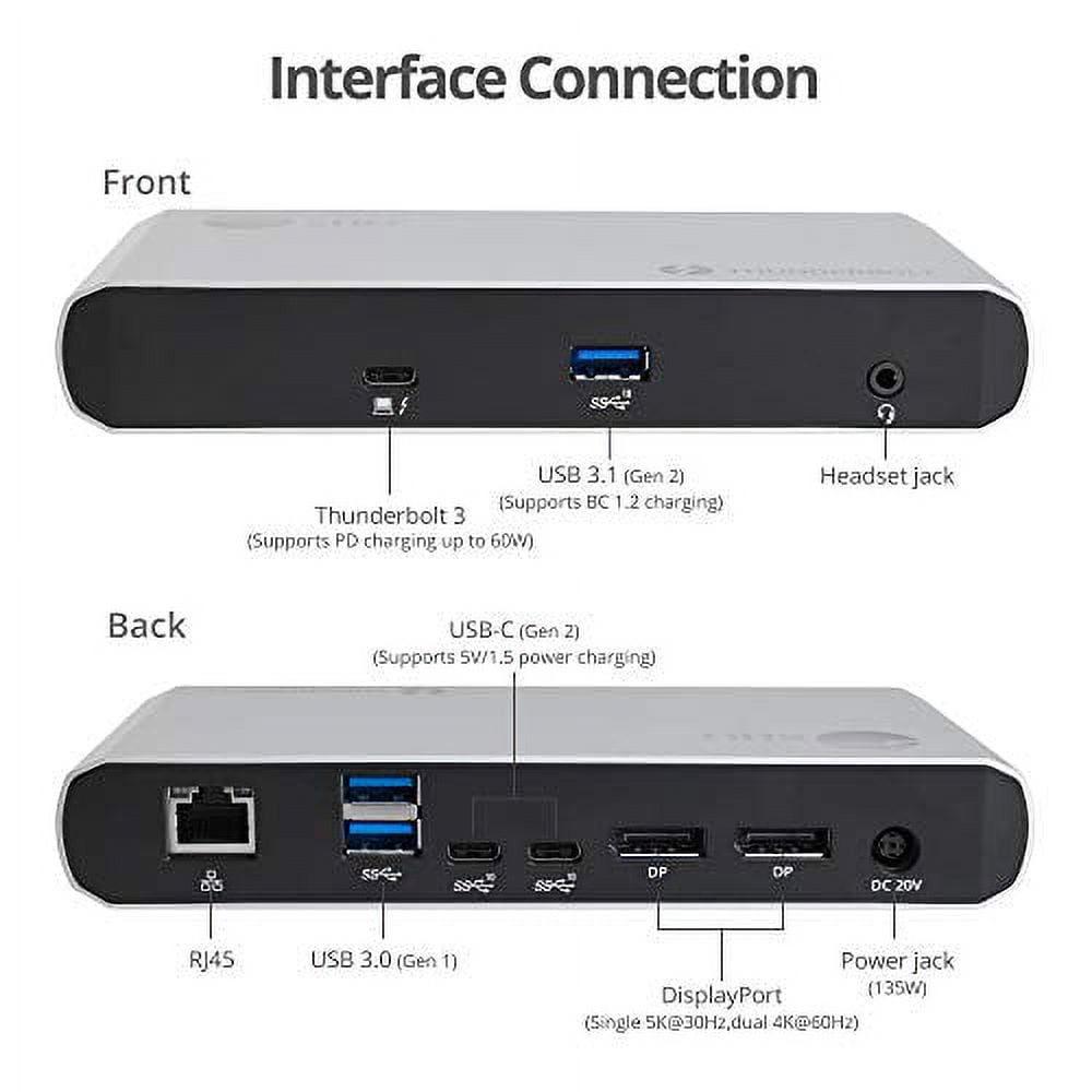 SIIG Thunderbolt 3 or USB C Dual 4K Display Docking Station with 60W Laptop Charging - Titan Ridge (1x USB 3.0, 2X USB 3.1, 2X DP 1.2, 2X USB-C, Ethernet) for Windows PC & MacBook Pro JU-DK0C11-S1