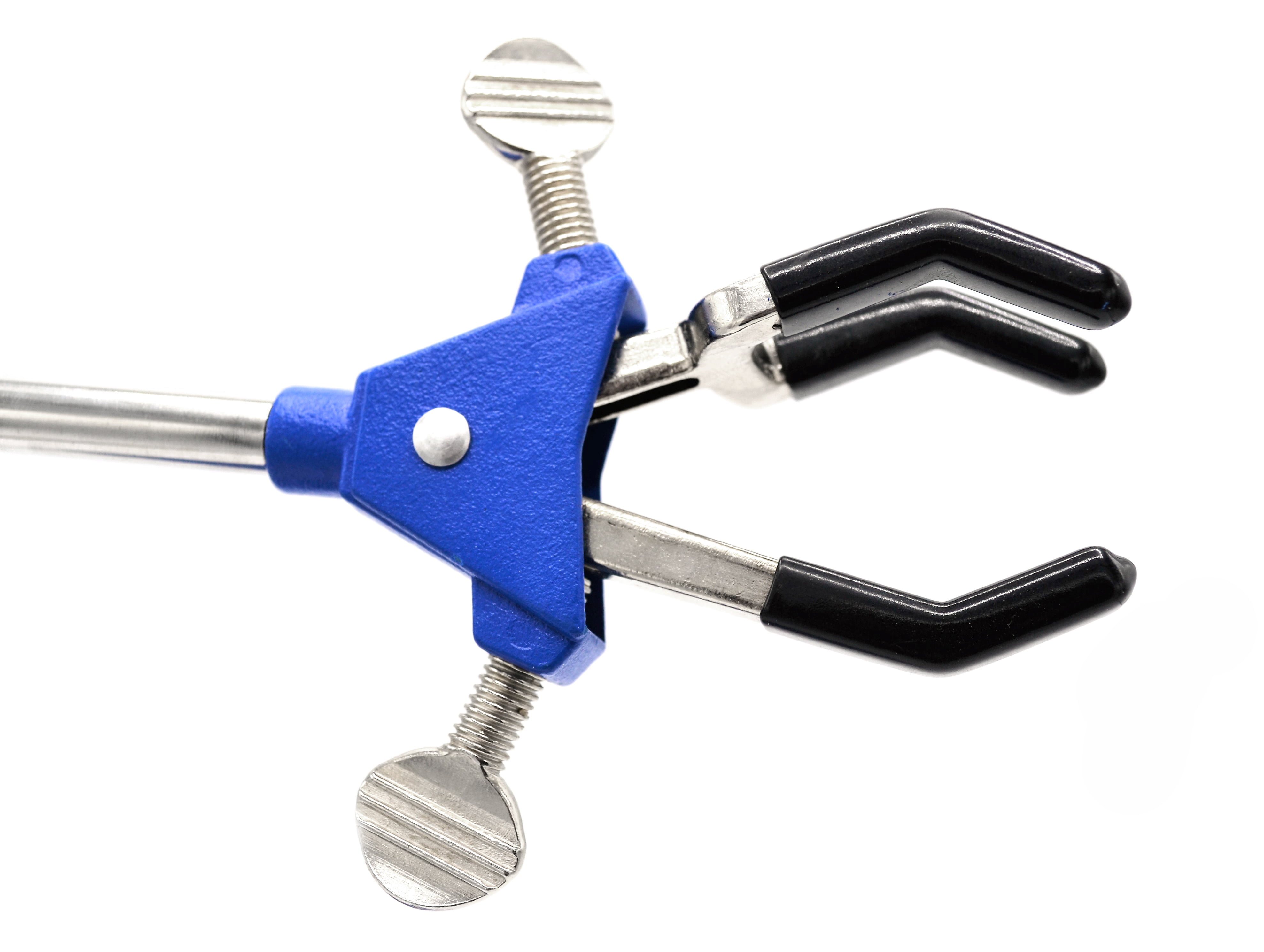 3 Finger, Vinyl Coated Dual Adjustable Extension Clamp on Stainless Steel Rod - 2.3" Max Clamp Opening, 5" Rod - Powder Coated Zinc Alloy - Research, Industrial Laboratory Grade -  Eisco Labs
