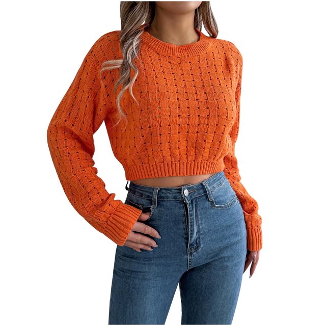 Yuyuzo Hauts Courts pour Femmes Col Rond Manches Longues Tricoté Creux Couleur Unie Mode Automne Chandail