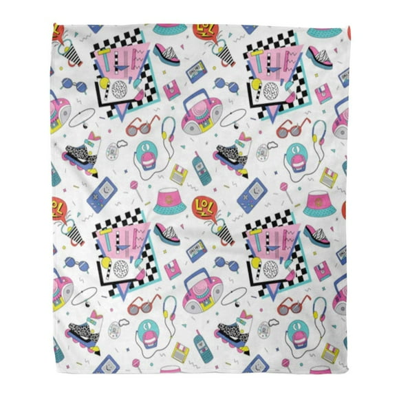 POGLIP Throw Blanket 58x80 Inches Retro Patch Badges with Roller Skates Cassette Players Sun Glasses in Colorful Warm Flannel Soft Blanket for Couch Sofa Bed