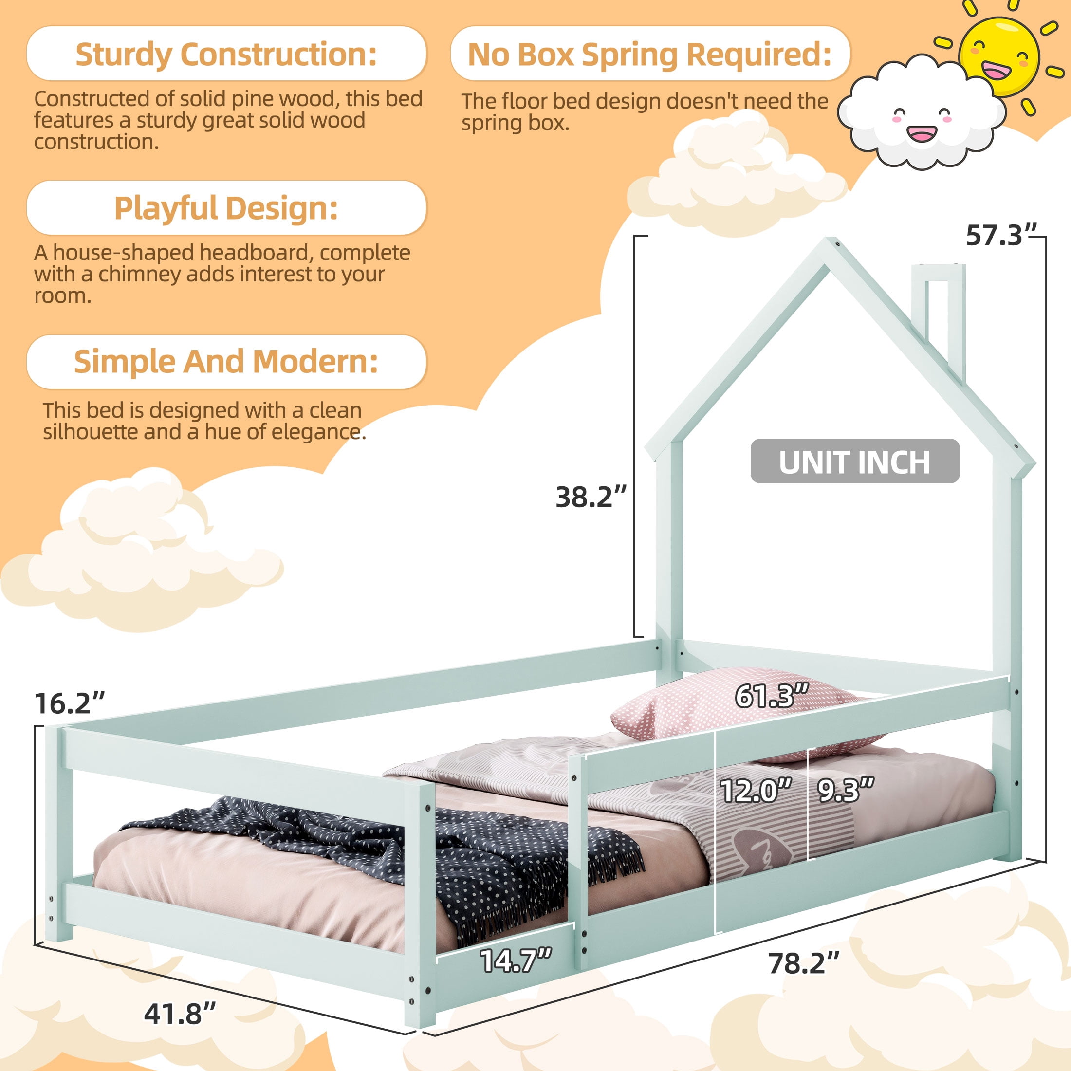 PORKISS Twin Size Floor Bed, Montessori Bed for Kids with Fence, House-shaped Headboard, Light Green