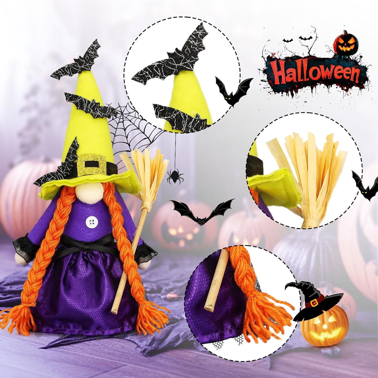 Set of 3 Hocus Pocus Witch Gnomes with Brooms for Rustic Halloween Decor