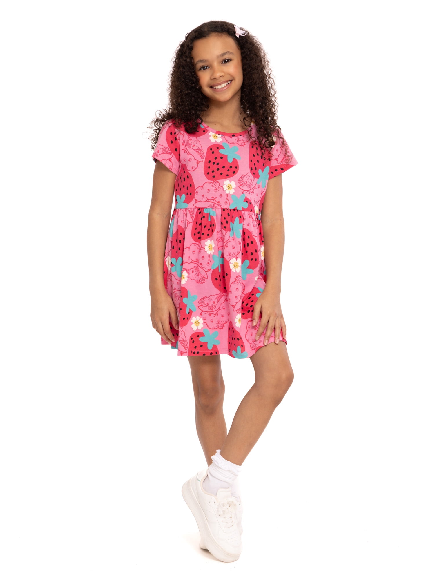 Strawberry Shortcake Girls Allover Print Dress with Short Sleeves, Sizes 4-12
