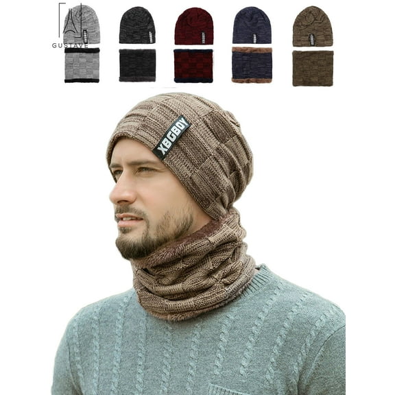 Gustave 2-Pieces Winter Beanie Hat Scarf Set Warm Knit Hat Thick Knit Skull Cap for Men Women Christmas New Year Gift "Khaki"