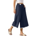 thumbnail image 2 of Cagogo Women Wide Leg Capri Pants Summer Casual Cotton Linen Loose Elastic High Waisted Palazzo Pants with Pockets Flowy Beach Lounge Trousers Boho Vacation Wear, Navy XL, 2 of 8