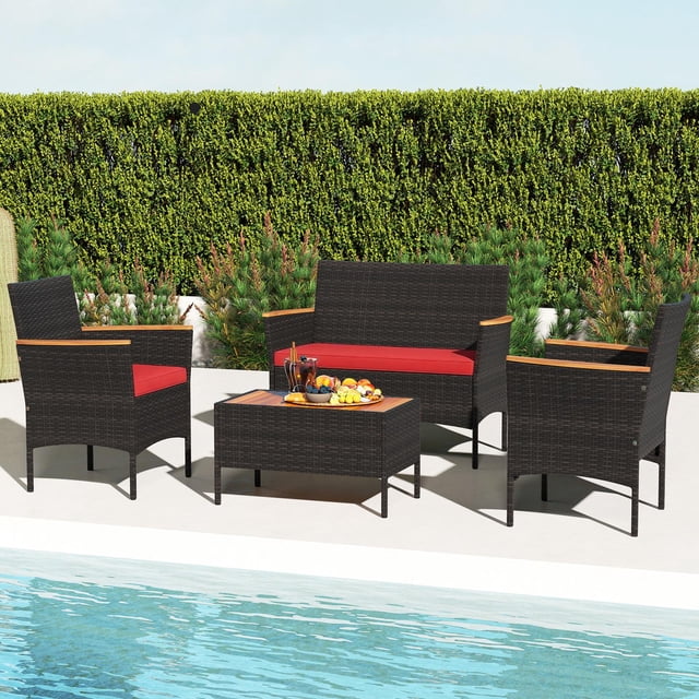 Costway 4 PCS Patio Wicker Sofa Set with Coffee Table Acacia Wood Armrests & Tabletop Mix Brown/Red