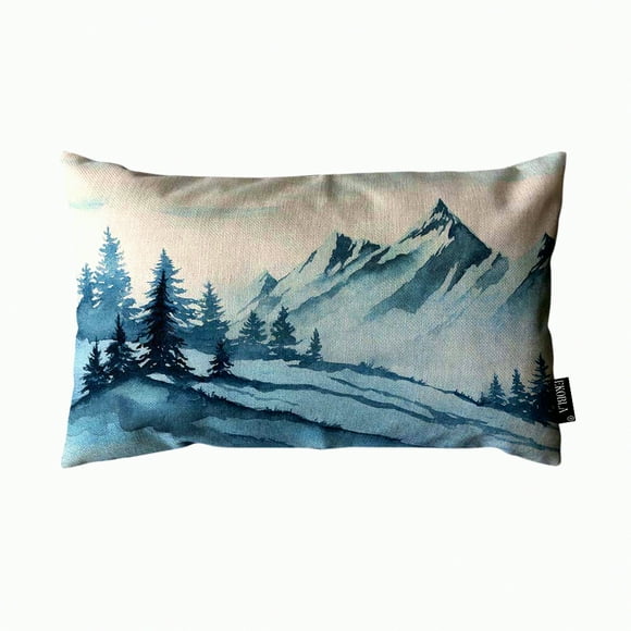 Mountain Mist Watercolor Pillow Cover - Tree Landscape Ink Paint Art Decor for Couch Sofa - Cotton Linen 12x20 Inch