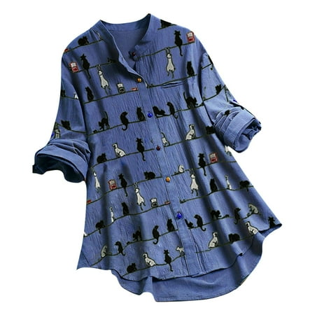 

koaiezne Women Cat Casual Top Shirt Blouse Button Print Loose O-Neck Sleeve Long Women s Blouse Long Sleeve Scrub Top Cotton Knit Tunic