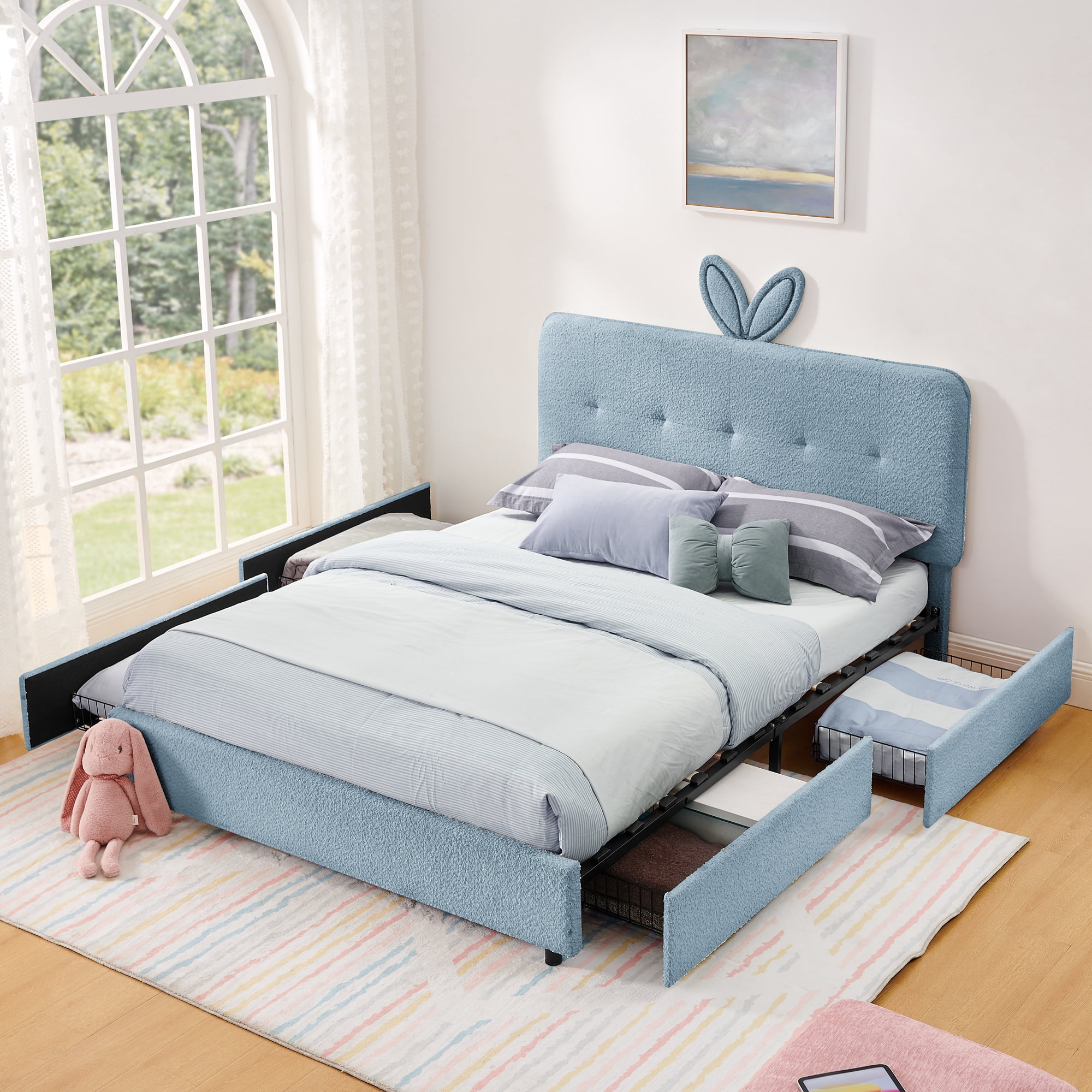 Mintazer Queen Upholstered Kids Bed with Oversized Rabbit Ear Headboard, Boucle Fabric Platform Bed with LED Headboard & 4 Storage Drawers, Blue