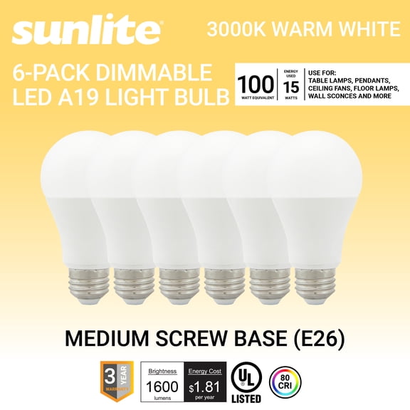Sunlite LED A19 Light Bulb, 15 Watts (100 Watt Equivalent), 1600 Lumens, 120 Volts, Dimmable, Medium E26 Base, UL Listed, 3000K Warm White, 6 Pack
