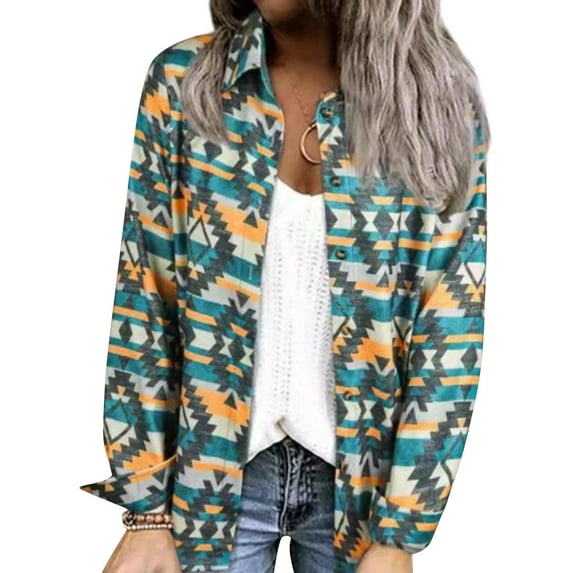 TWZH Women Geometric Print Lapel Collar Single-Breasted Long Sleeve Shirt
