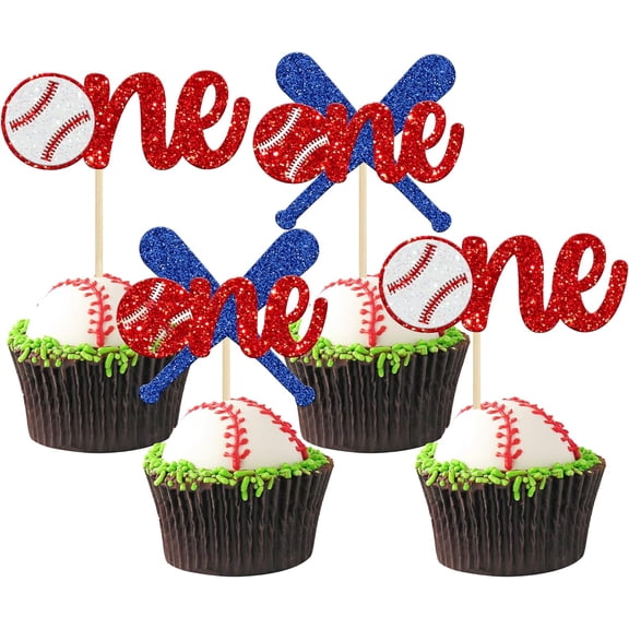 Baseball 1st Birthday Cupcake Toppers, Glitter Red and Blue, Sports Theme Party Decorations, 12 Pieces