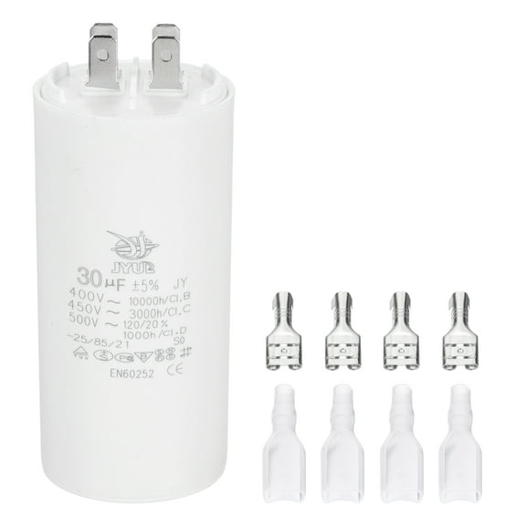 CBB60 30uF Run Capacitor,1 Pcs AC450V 4 Pin Double Insert with Sheath Spring for Motor Star, White