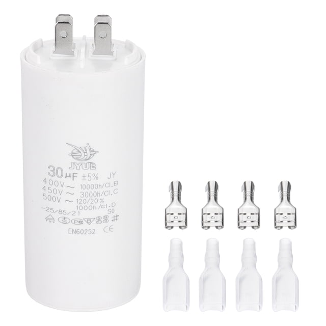Capacitor de funcionamiento CBB60 30uF, 1 Pcs AC450V 4 Pin Doble Inserción con Resorte de Funda para Arranque de Motor, Blanco