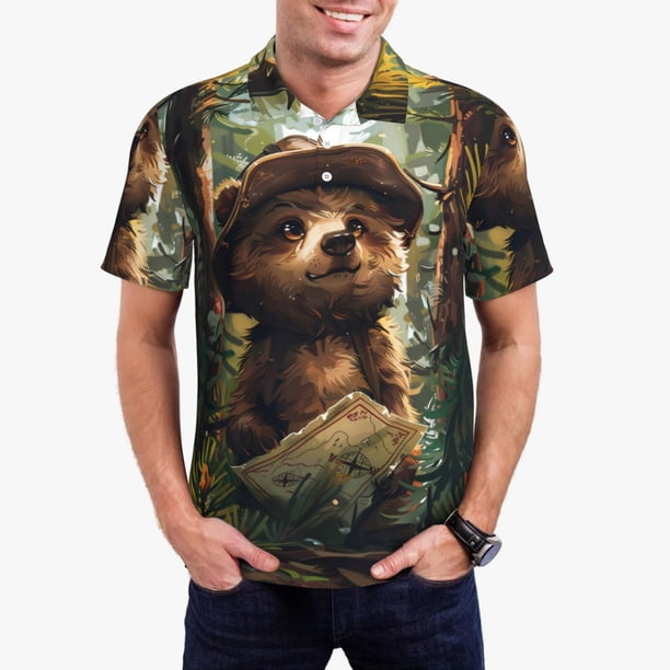 Balery Jungle Hat Bear Camisa Polo de Hombre con Estampado, de Manga Corta y Tejido Medio, Camisa Tipo Golf Polo-3X-Large
