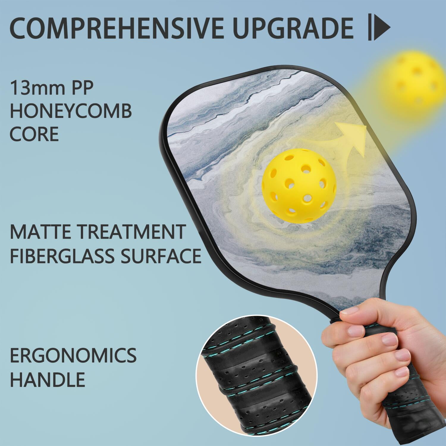 Pickleball Paddles Set Of 2, Fiberglass Surface, Turquoise Marble Pattern, 4 Balls & Bag