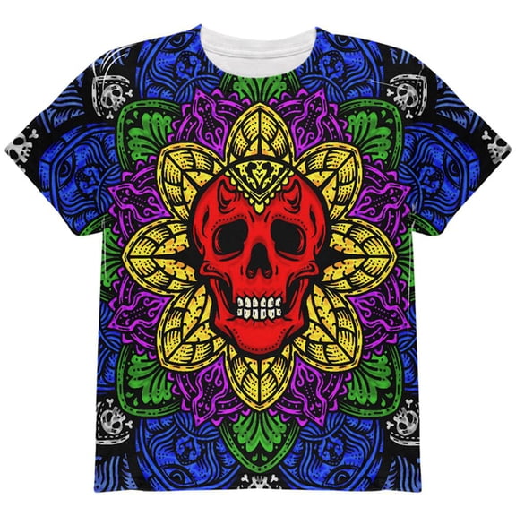 Halloween Demon Skull Mandala All Over Youth T Shirt Multi YLG