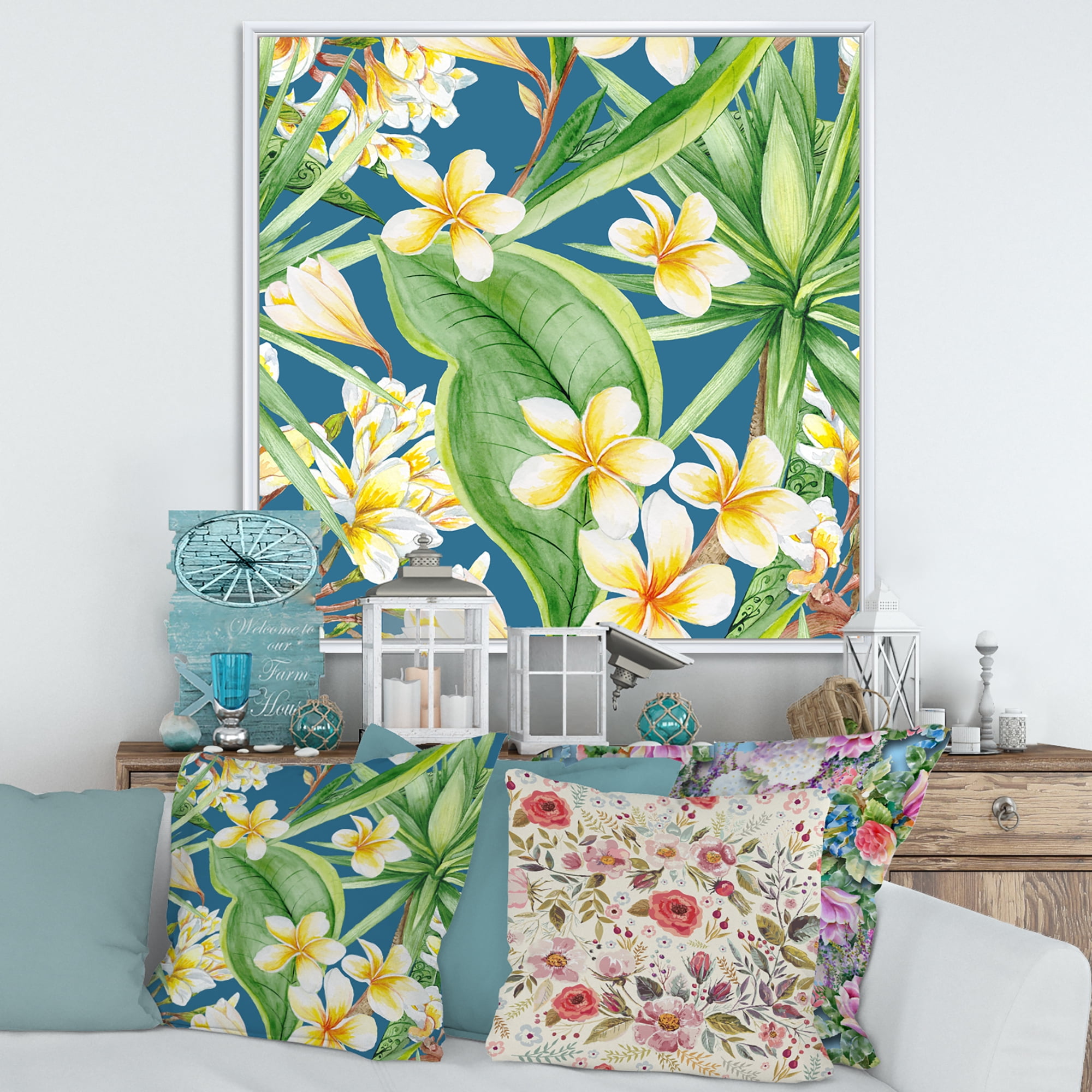 Designart 'Yellow Flowers and Tropical Foliage XV' Modern Framed Canvas Wall Art Print