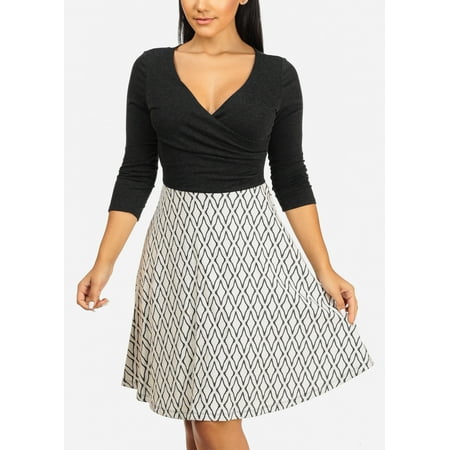 Flare Print Wrap - Womens Juniors Gilli Brand Coctail Casual 3/4 Sleeve Wrap Front V Neckline Fit And Flare Grey White Printed Midi Dress 31002R