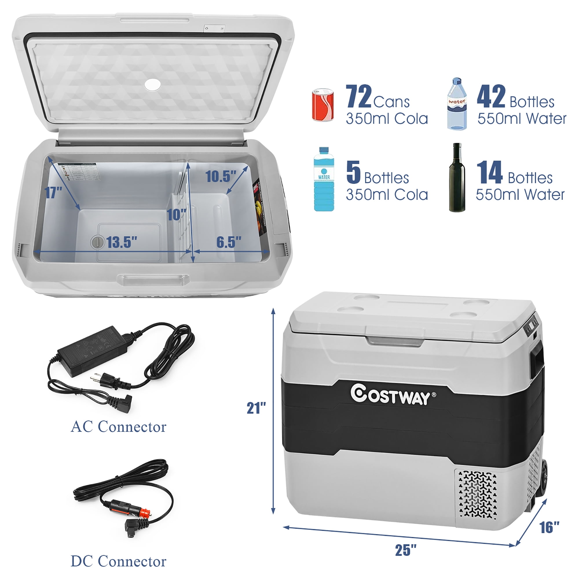Costway 53 QT Portable Car Refrigerator Dual-Zone Car Cooler for RVs Gray