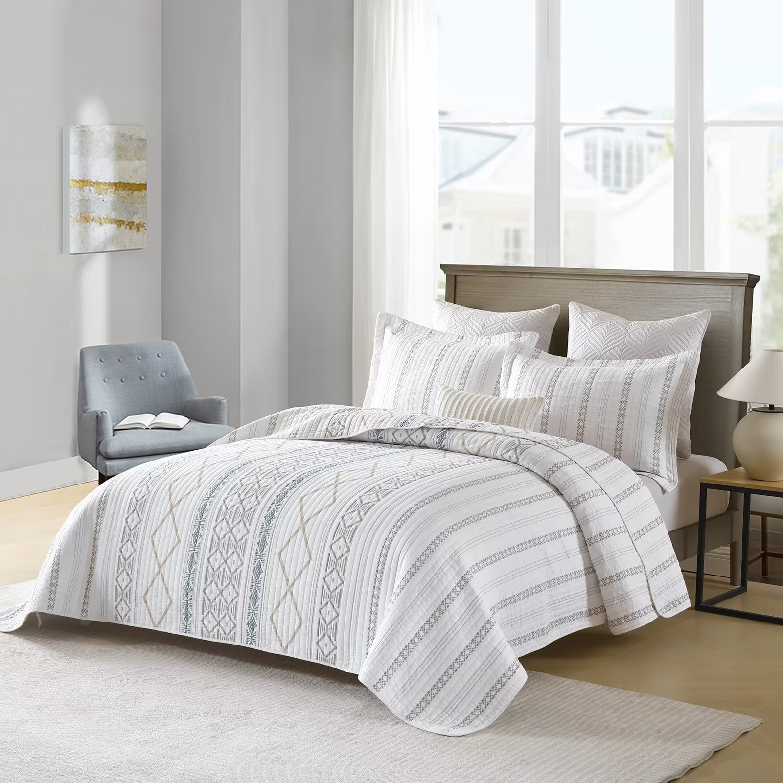 Bedduvit Boho Queen Size Quilt Set - 100% Cotton Beige & Gray & White Geometric Striped Bohemian Queen Quilt Bedspread - Breathable Soft Lightweight Coverlet in Bedding Set for All Season (98"x90")