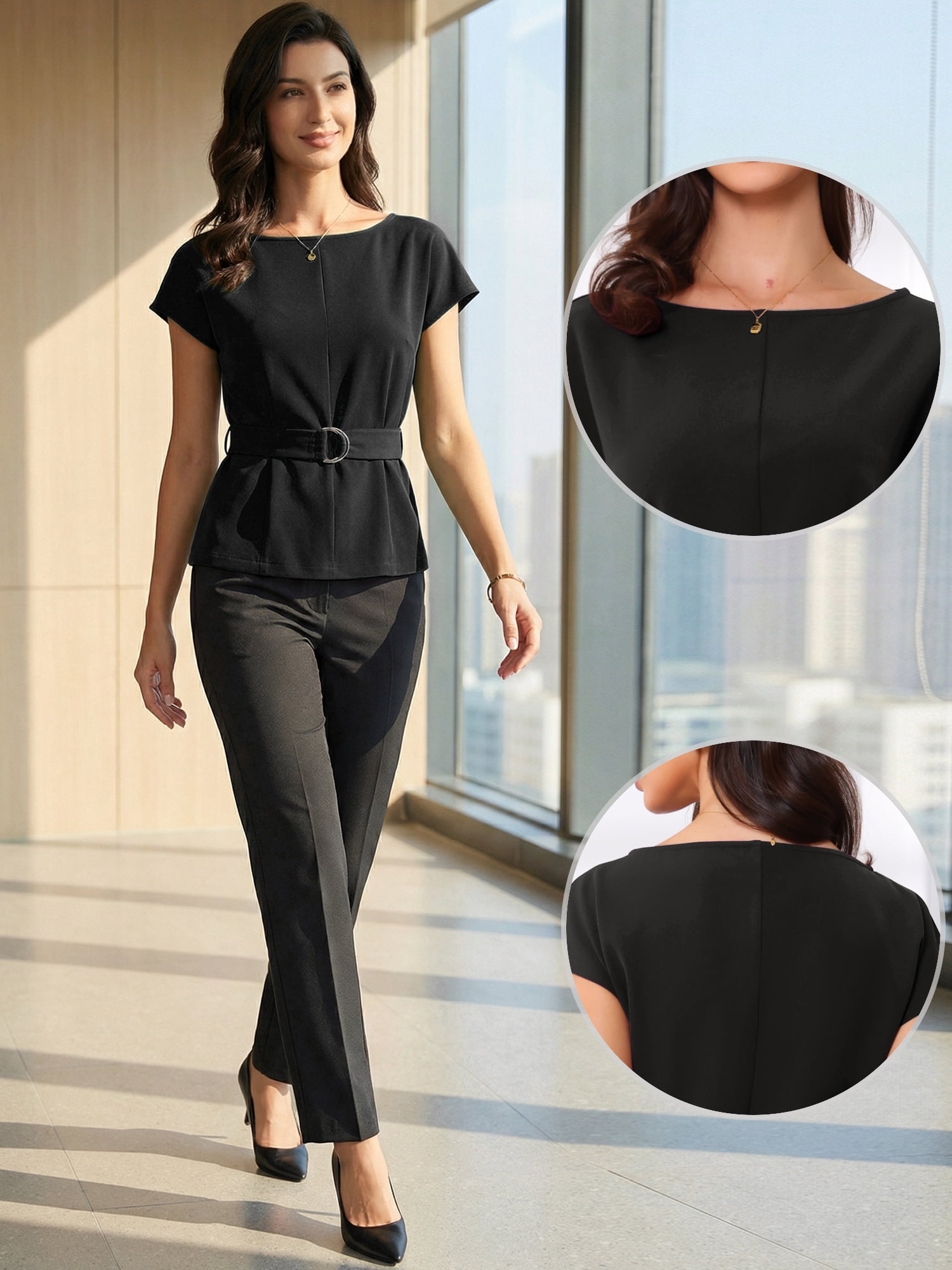 DARING DIVA Women's Cap Sleeve Top Boat Neck Belted Peplum Tops L Black