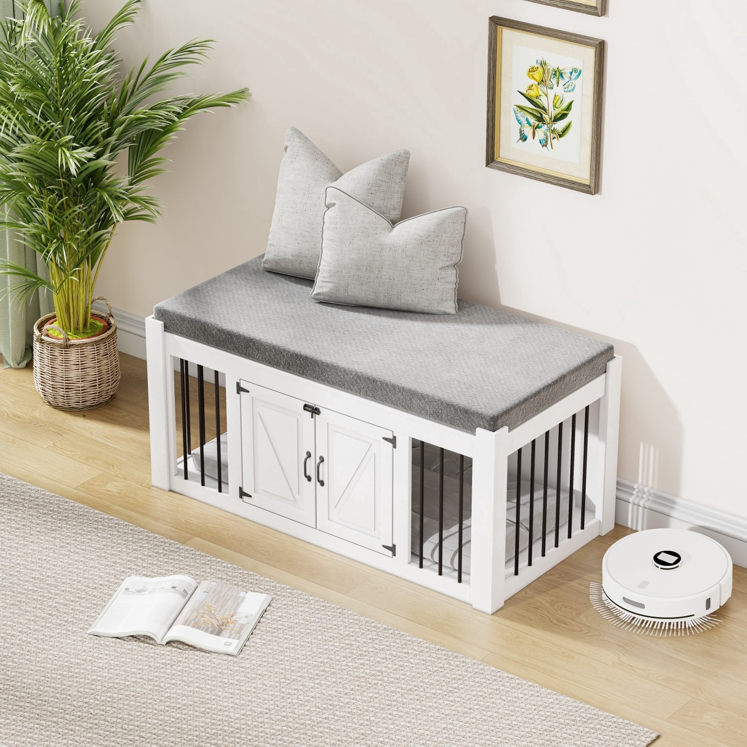 Faceket Lockable 2-Door 47" Wooden Furniture Style Crate for Dogs with Removable Cushion
