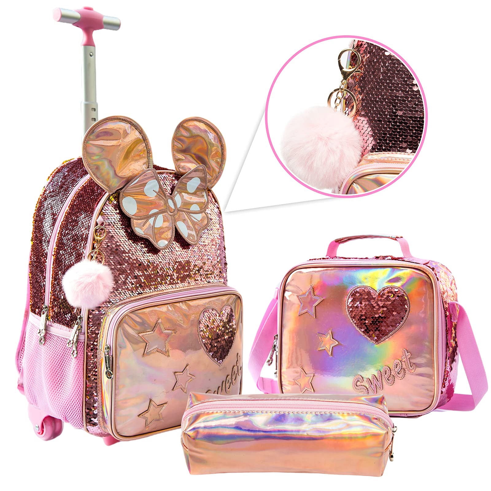 lvyH Women Girls 3 in 1 Pink Sequins School Rolling Backpack Student With Lunch Pencil Bag Crossbody Durable Bookbag Daypack Travel Outdoor