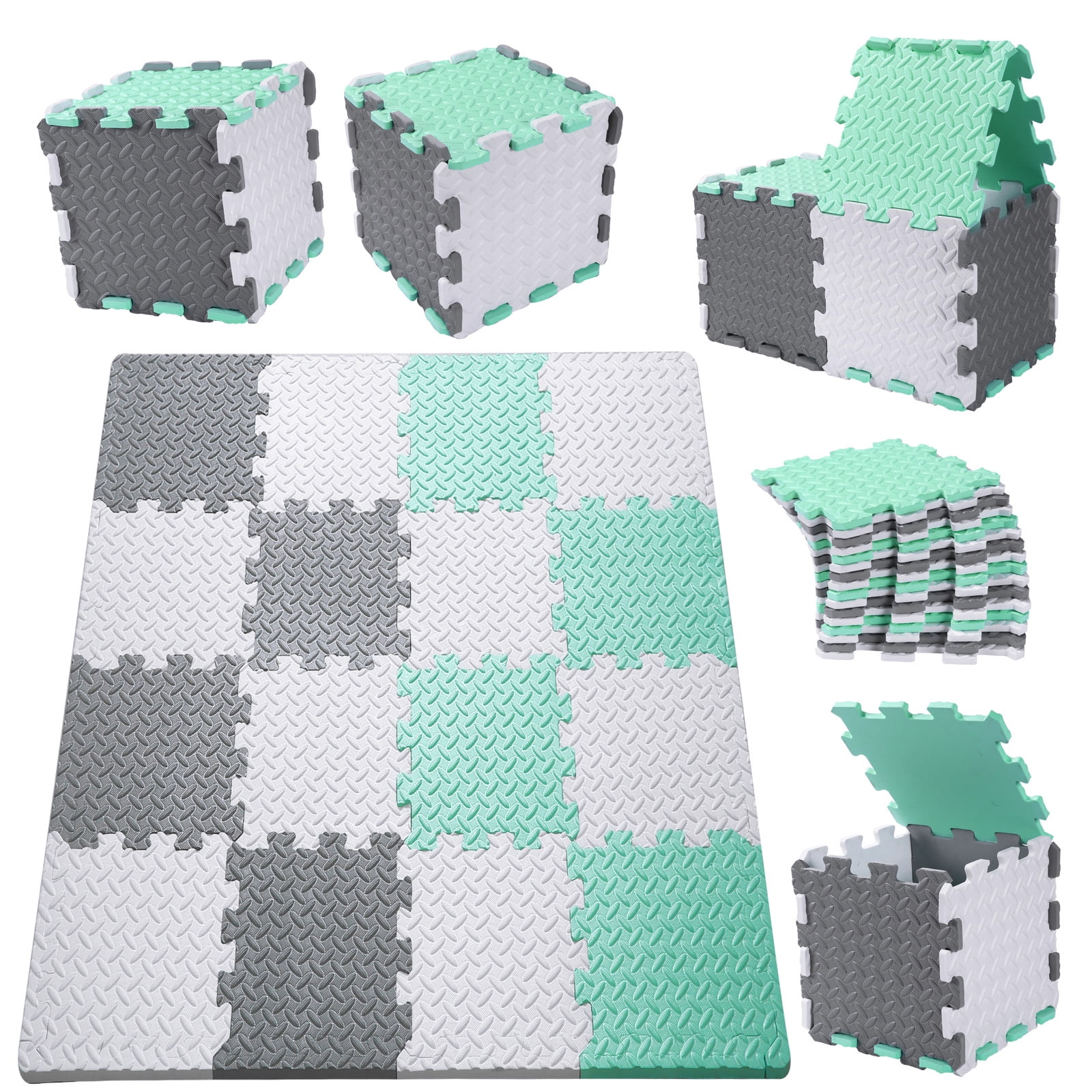 0.47 Inch Thickened Interlocking Foam Puzzle Tile Exercise Mats Floor Mats Foam Play Mats Jigsaw Mat Baby Child Rug Crawl Mat with Storage Bag Tamiplay 16Pcs Foam Baby Play Mat White/Gray/Blue 