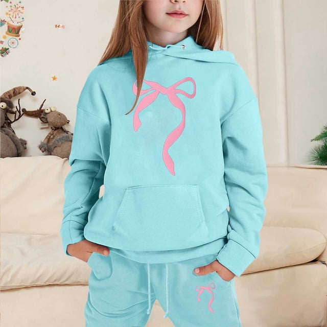 Girls Casual Hoodie Set Adorable Bow Design Two Piece Outfit Comfortable Kids Wear