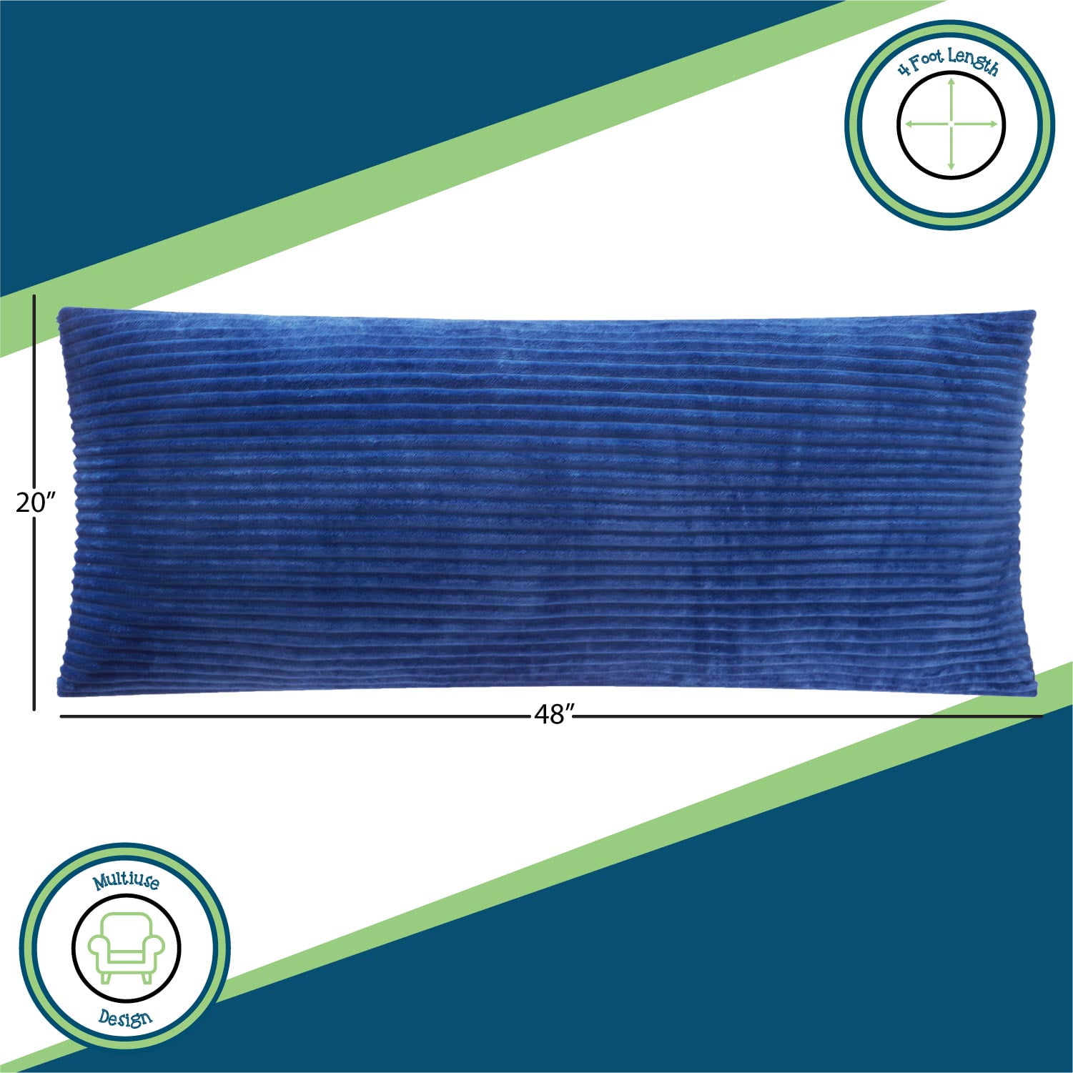 Your Zone Ribbed Body Pillow with Removable Cover, Blue, 48 in x 20 in