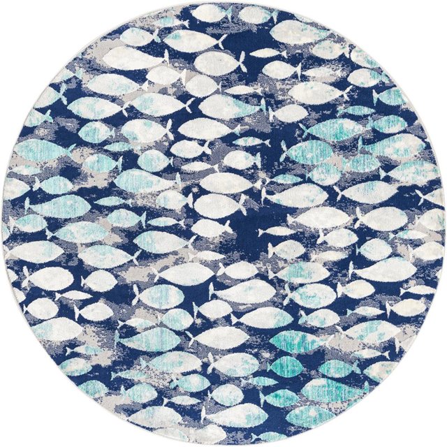 Unique Loom Tapis de Pêche Abstrait Ariel Rond 7' x 7' Bleu/ivoire