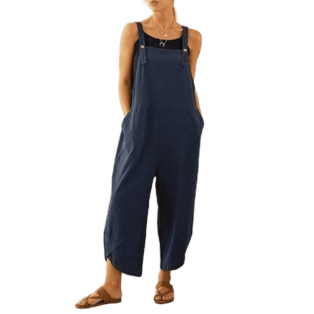 Women Baggy Tulip Hem Loose Jumpsuits Overalls Square Neck Sleeveless