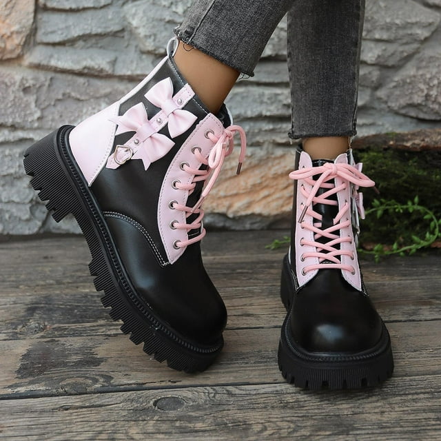 Amzcrzy Bottines pour Femmes Mode Décontractée Bottines à Talon Court Bloc de Couleur Nœud Bout Rond Lacets Talon Épais Talon Moyen Bottines pour Femmes Bottines pour Femmes