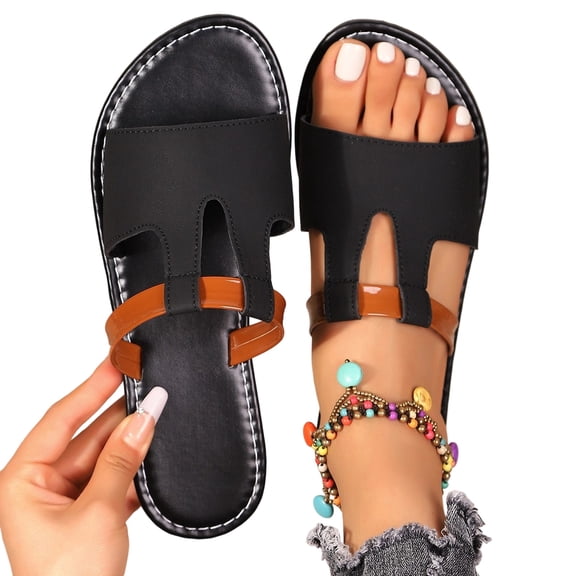 Women's Dressy Flat Open Toe Sandals Comfortable Slip On Leather Slide Sandals (Black,42)