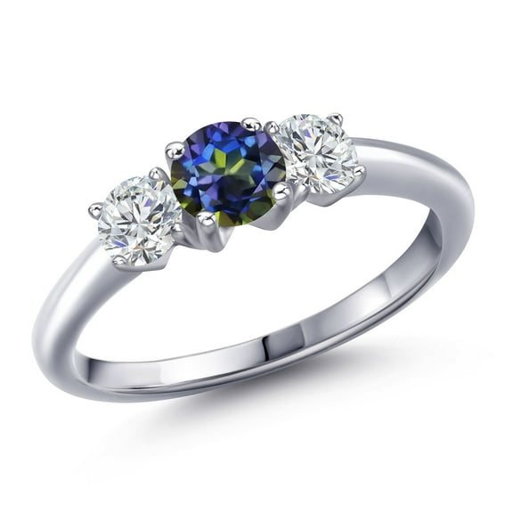 Gem Stone King 925 Sterling Silver Blue Mystic Topaz and Lab Grown Diamond Engagement Ring for Women | 1.04 Cttw | Round 5MM | Gemstone November Birthstone | Size 8