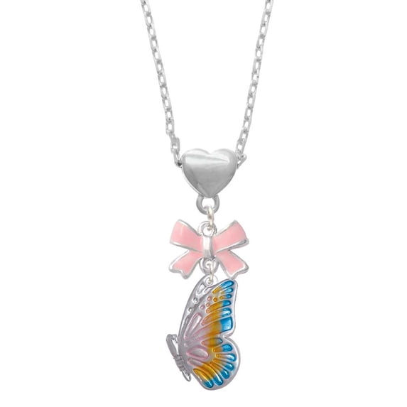 Delight Jewelry Silvertone Large Translucent Pastel Flying Butterfly Pink Bow Heart Necklace