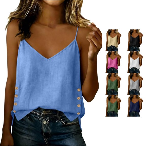 Xijirk V Neck Spaghetti Strap Tank Top Side Button Loose Fit Sleeveless Camisole for Daily Casual Street Layering Wear,Blue,XXL