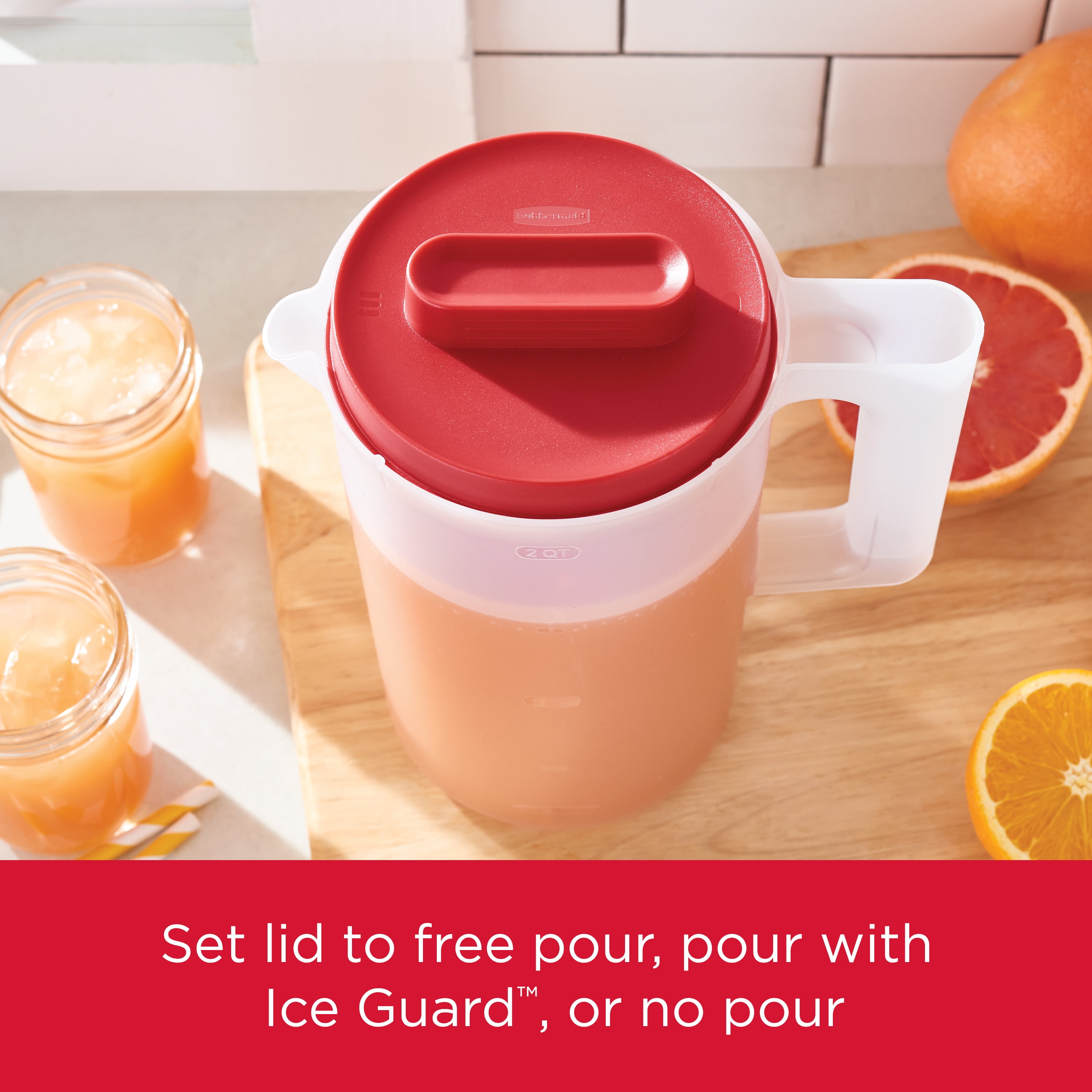 Rubbermaid Plastic Pitcher, Clear/Red, 2 Quart