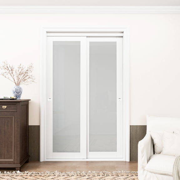 48'' x 80'' Bypass Sliding Closet Door, Tempered Frosted Glass & White Wood Texture Frame, Pre-assembled Door Panels with Round Silver Handles