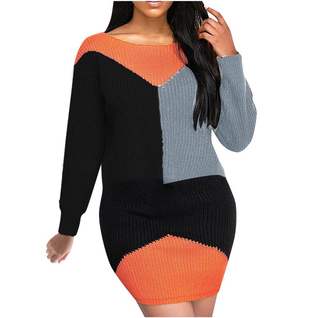 Pompotops Automne et Hiver Robe Pull à Manches Longues Col Rond Patchwork Décontracté pour Femmes