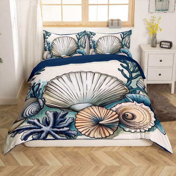 Erosebridal Counch Sea Shell Duvet Cover Queen, Coastal Summer Beach Bedding Queen Size, Reversible 3-Piece, (No Comforter)