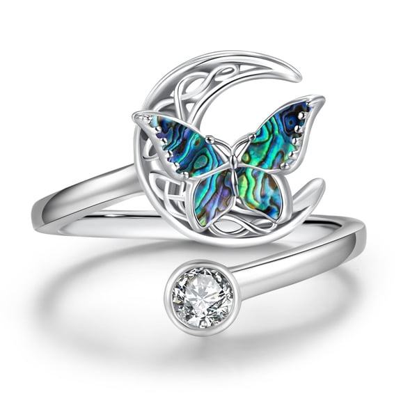 Coachuhhar Abalone Butterfly Ring 925 Sterling Silver Adjustable Open Celtic Moon Rings Irish Butterfly Jewelry Gifts for Women Girlfriends